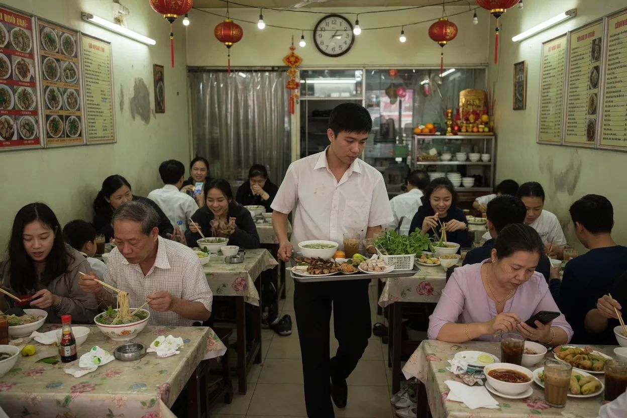 A waiter walks toward a diner looking at a phone in a packed family restaurant