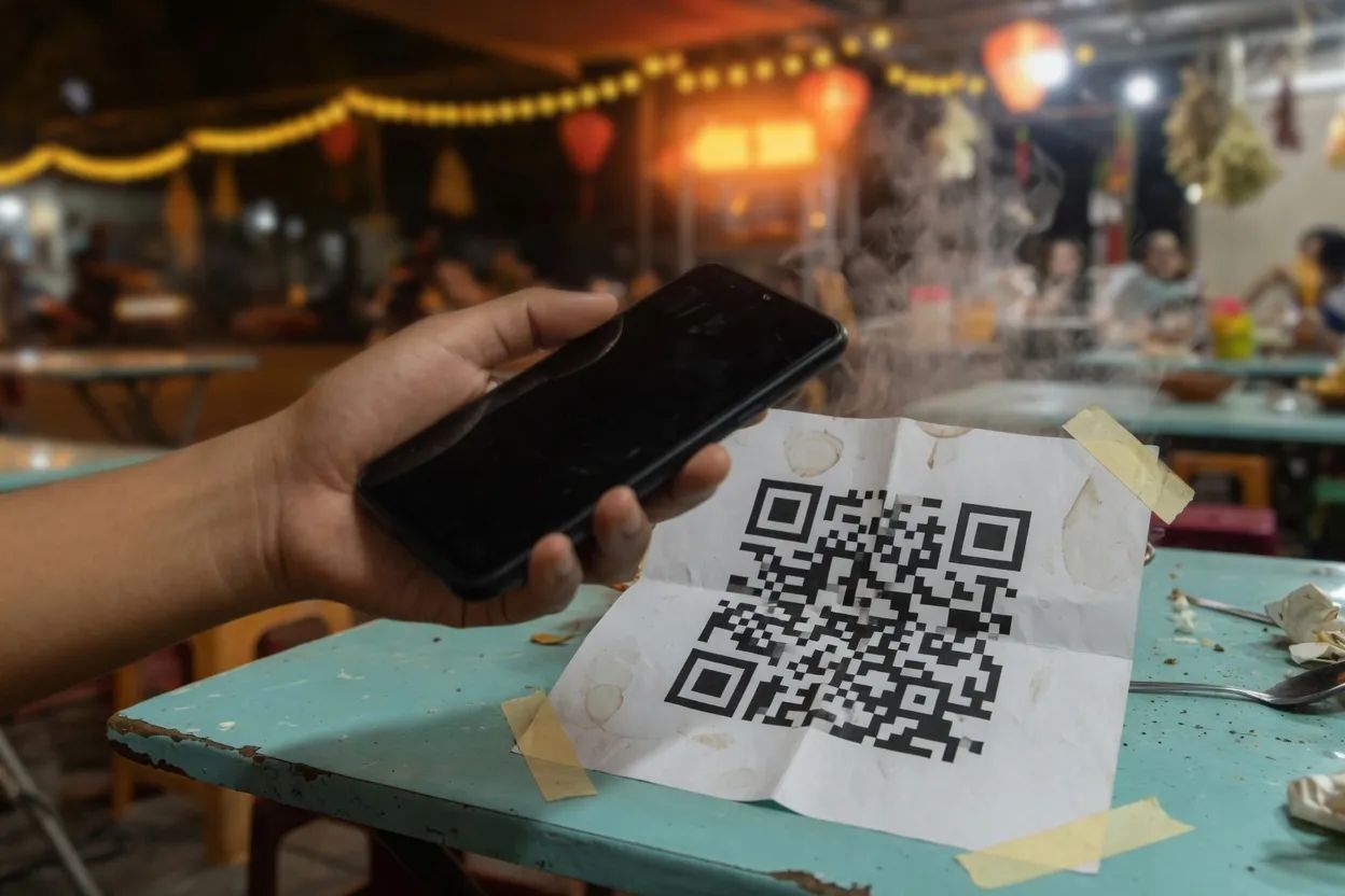 A hand holds a phone over a printed QR code taped to a restaurant table