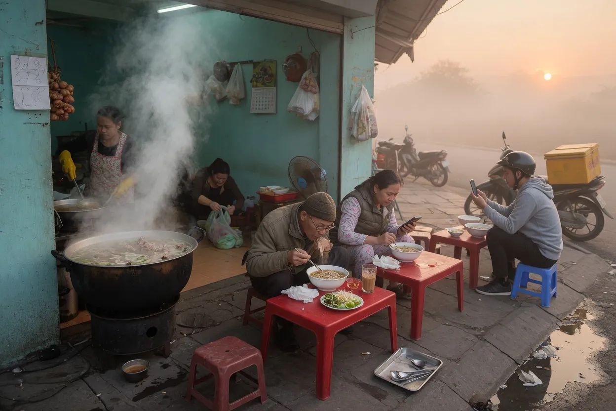 Regulars eat at low plastic tables beside a steaming soup pot at a dawn breakfast stall