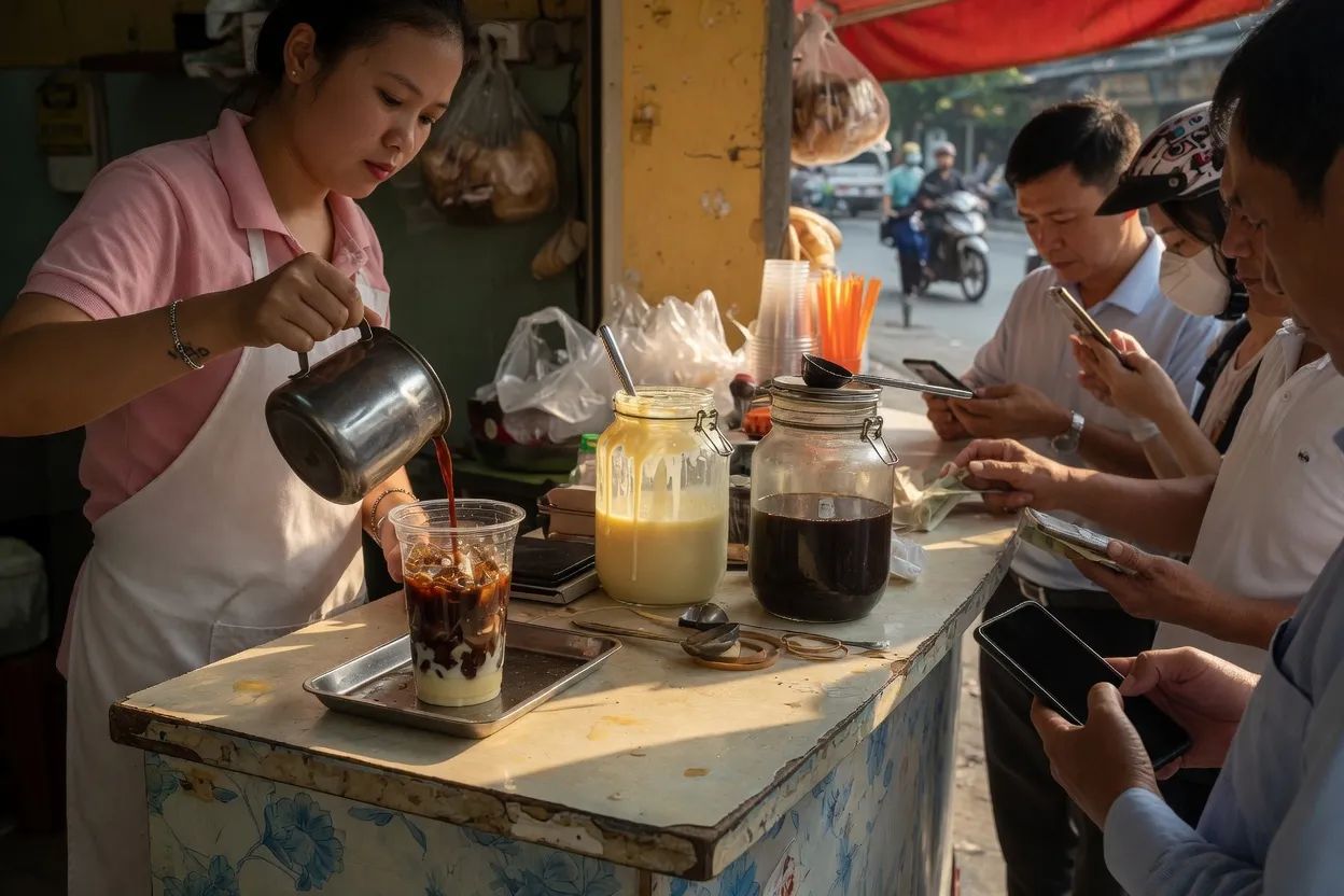 A barista pours iced milk coffee for customers waiting at a takeaway counter