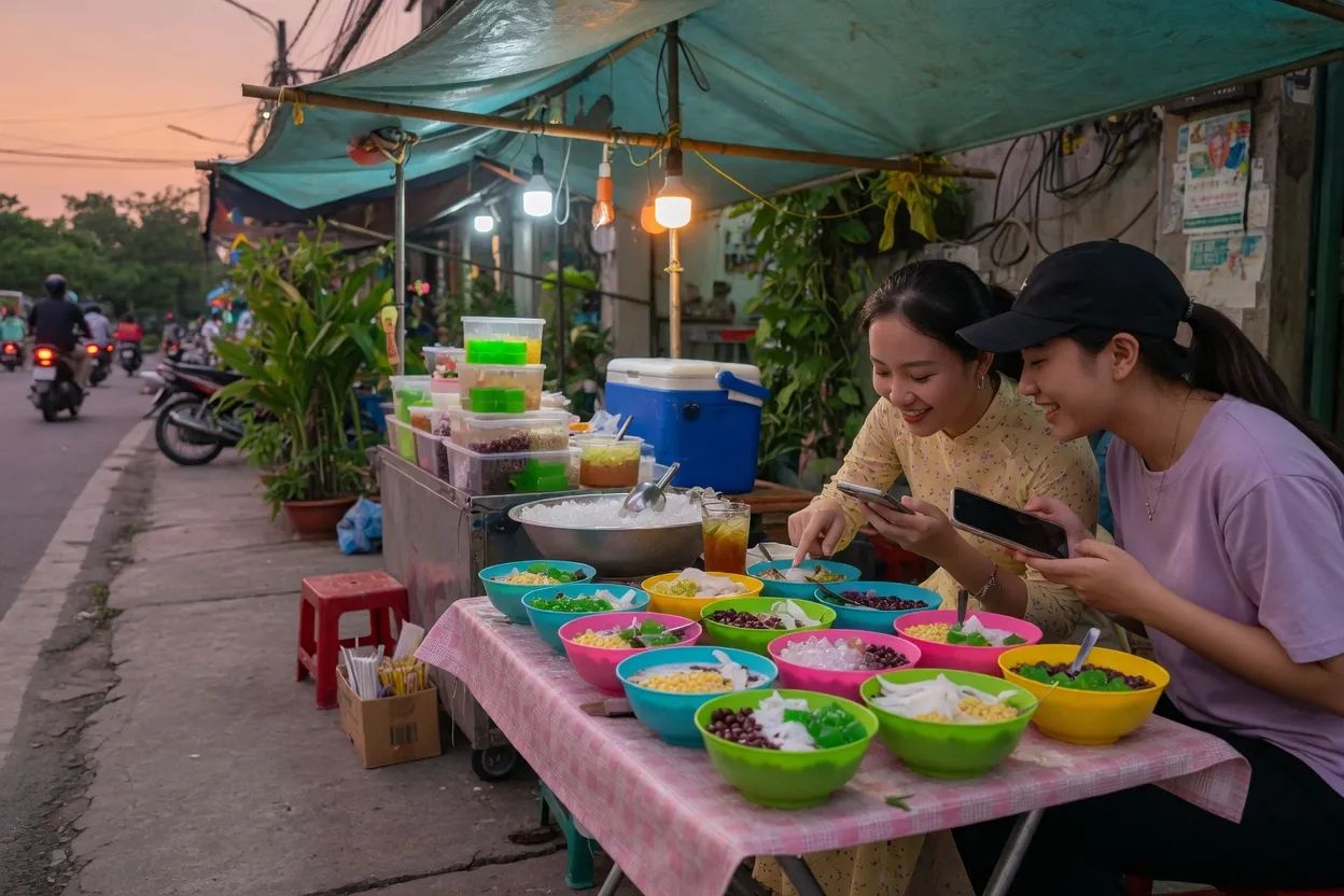 Two friends choose colorful bowls of chè at an evening sidewalk dessert stall