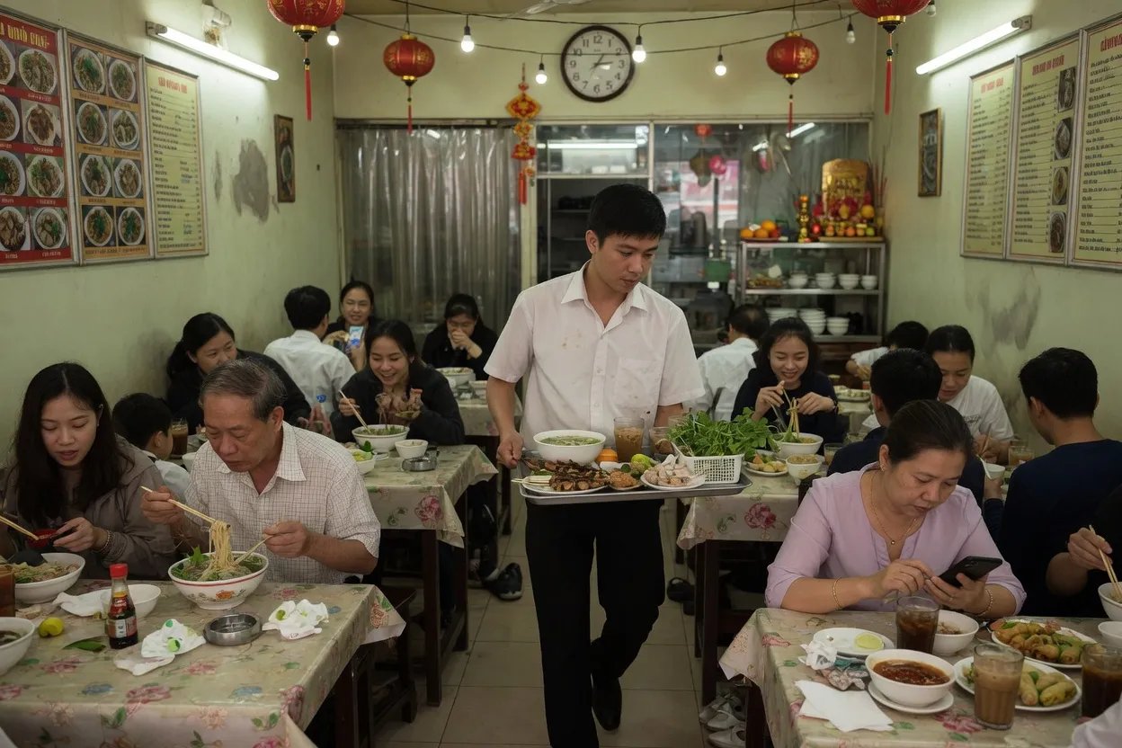 A waiter walks toward a diner looking at a phone in a packed family restaurant