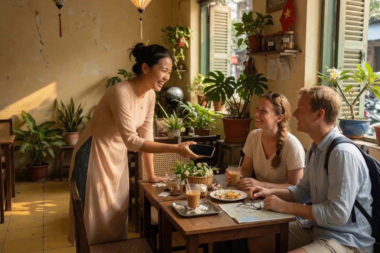 A cafe owner hands a phone to a tourist couple in a plant-filled Vietnamese cafe