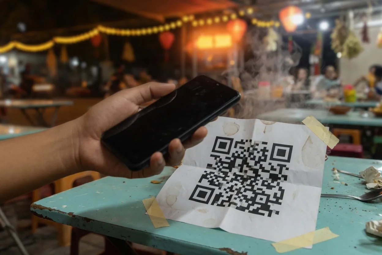 A hand holds a phone over a printed QR code taped to a restaurant table
