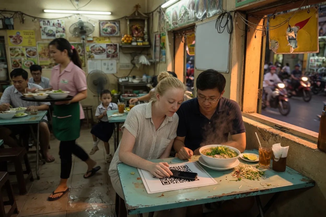 Diners scan a table QR code beside a steaming bowl of phở in a busy Vietnamese restaurant