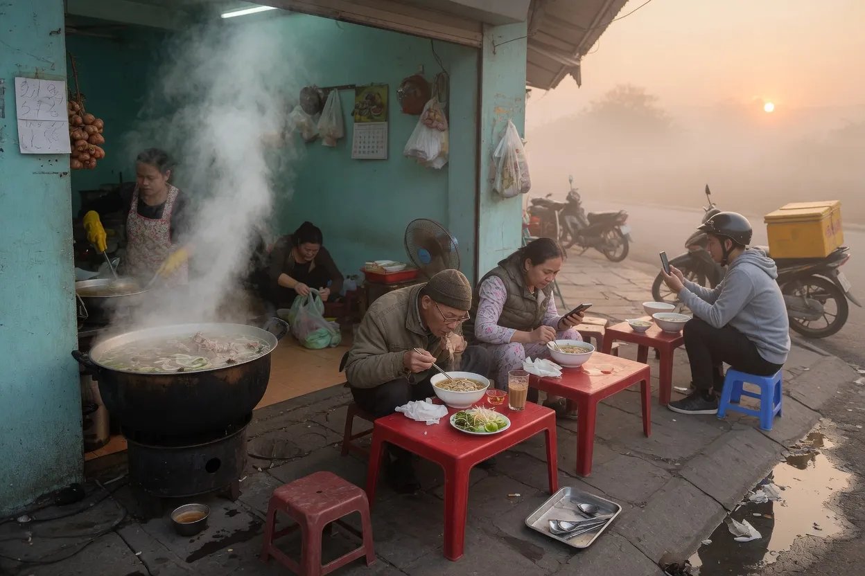 Regulars eat at low plastic tables beside a steaming soup pot at a dawn breakfast stall