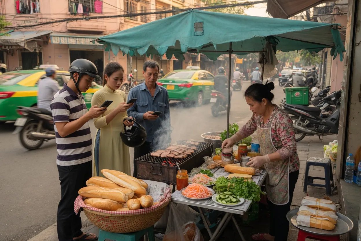 Customers wait with phones at a Saigon street bánh mì stall while sandwiches are grilled