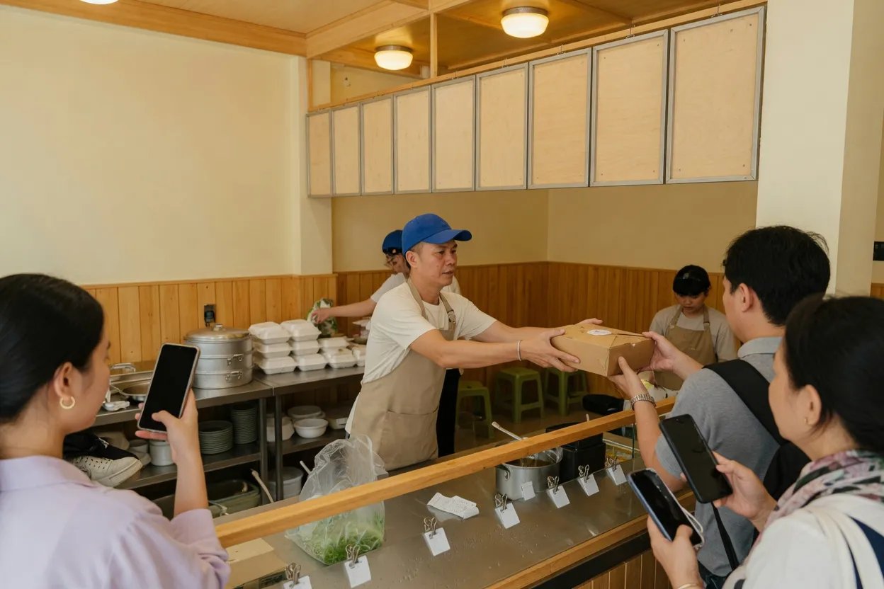 A cook hands a takeaway box to customers waiting with phones at a fast-food counter
