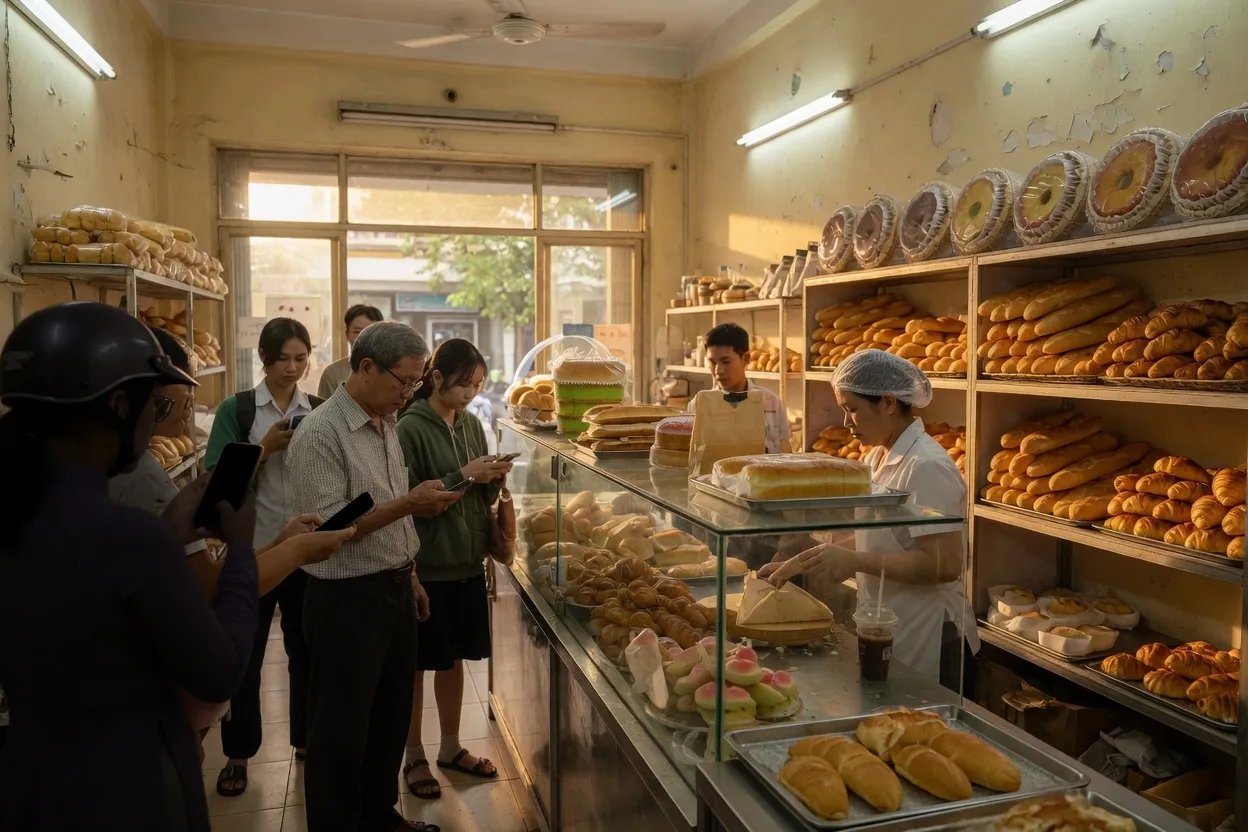 A morning queue inside a Vietnamese bakery lined with baguettes and cakes