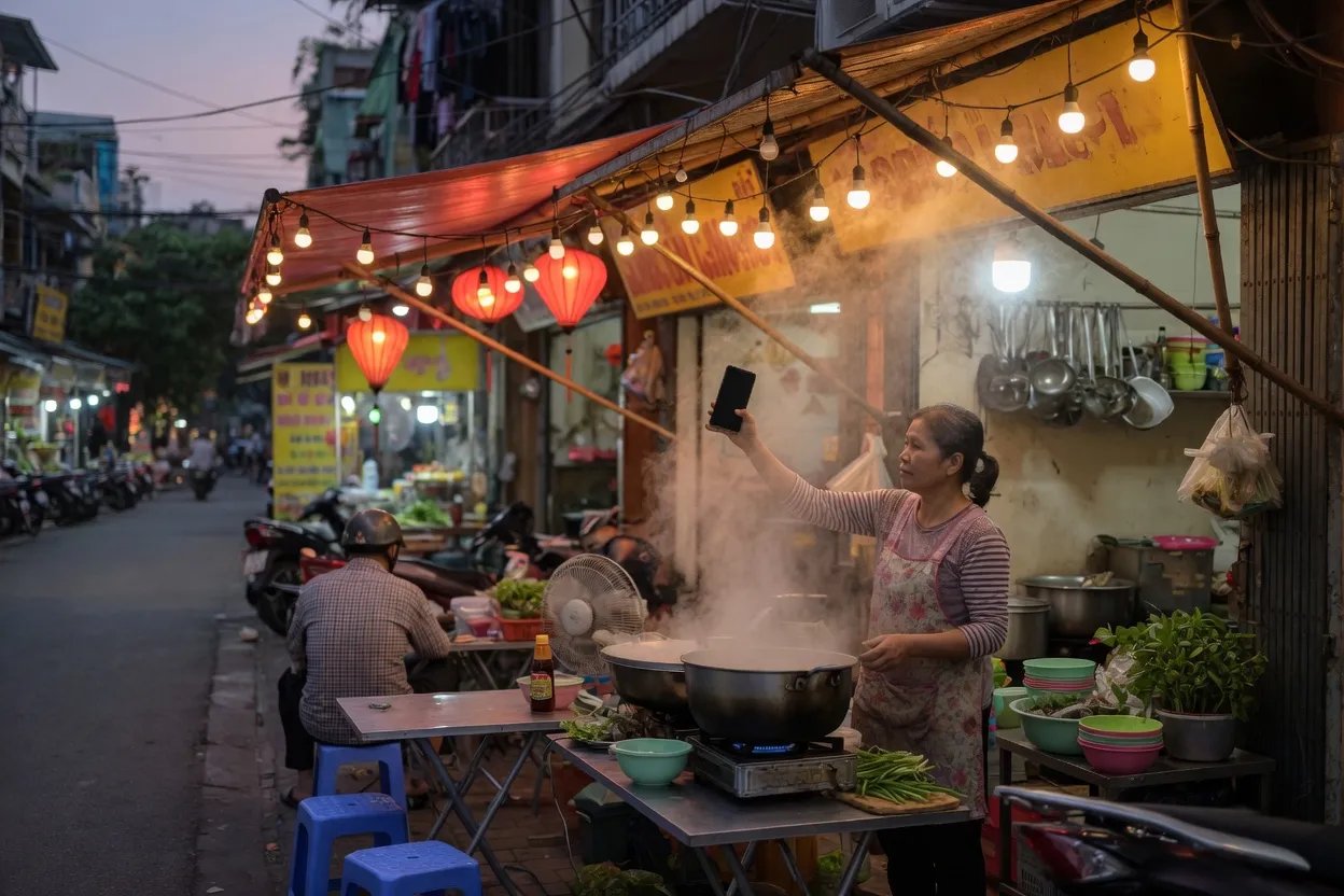 A street stall owner holds up a phone beside steaming pots on an evening sidewalk