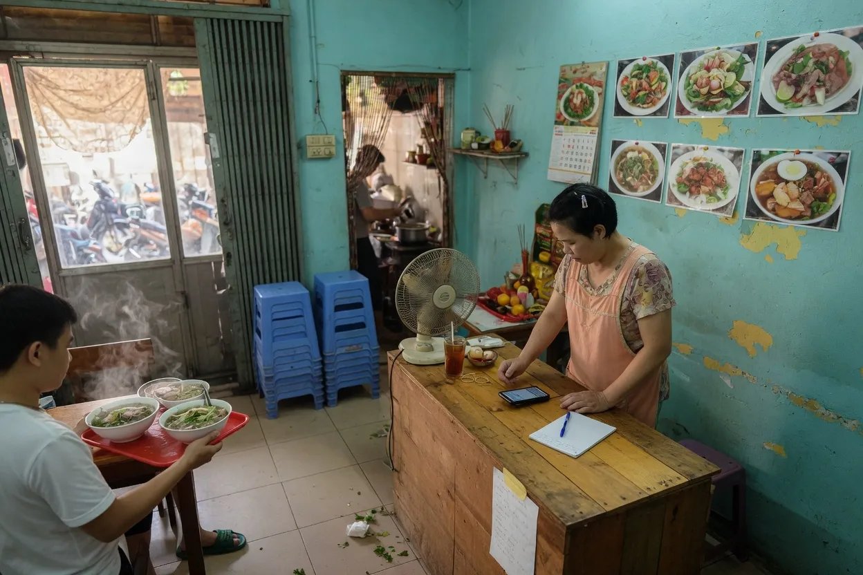 A small restaurant owner checks orders on one smartphone at a simple wooden counter