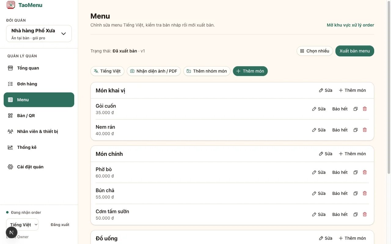 Build and edit the menu on your phone — add items, update prices, publish in a few taps.