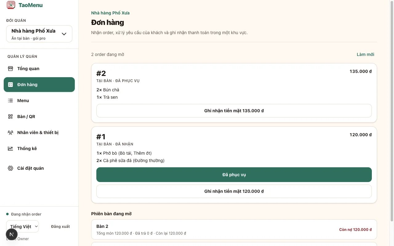 Staff receive orders and record payment right on their phones — no computer needed.