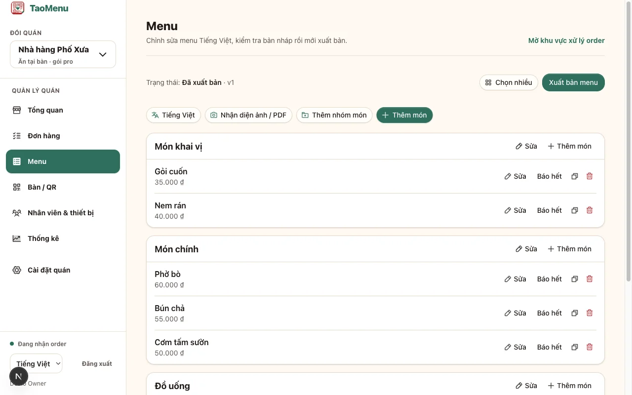 Editing menu categories and items on a mobile screen